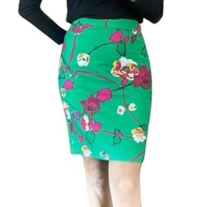 J. Crew Bold Colorful, Green Floral Cotton Basketweave chic Pencil skirt Office
